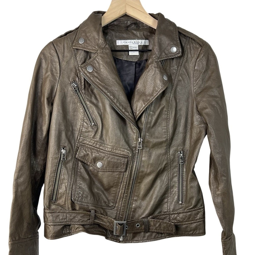 Rezrekshn Esther Chen‎ Leather Moto Jacket Womens M Brown Belted Biker